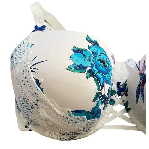 Cacique Boost Balconette White blue floral and lace underwire push up bra 44G - Picture 2 of 6